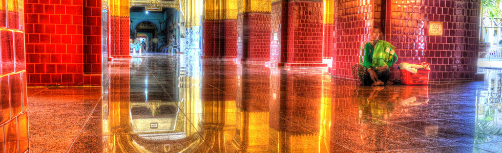 Gorgeous tiled floors and golden architecture in the Mahamuni Buddha Temple given the HDR treatment